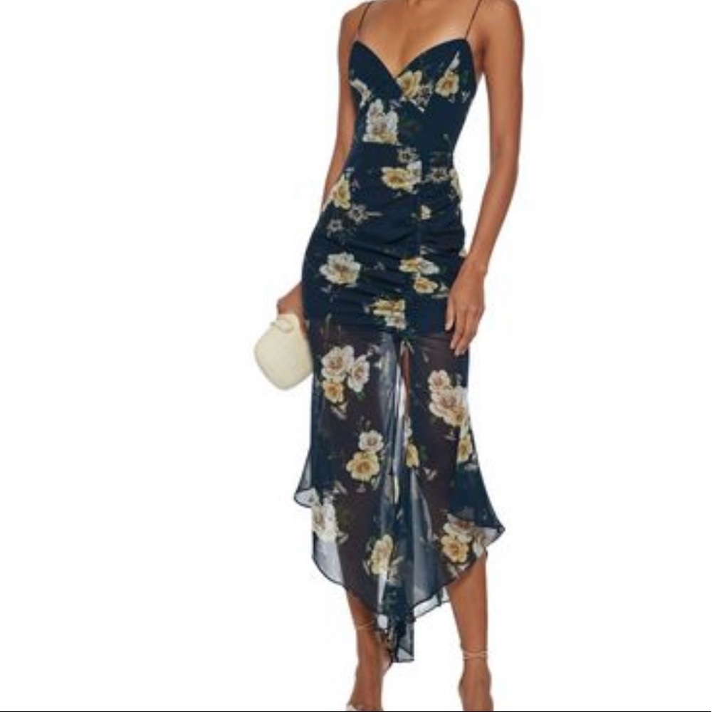 Nicholas Woman Asymmetric Ruched Printed Silk-georgette Midi Slip Dress Petrol